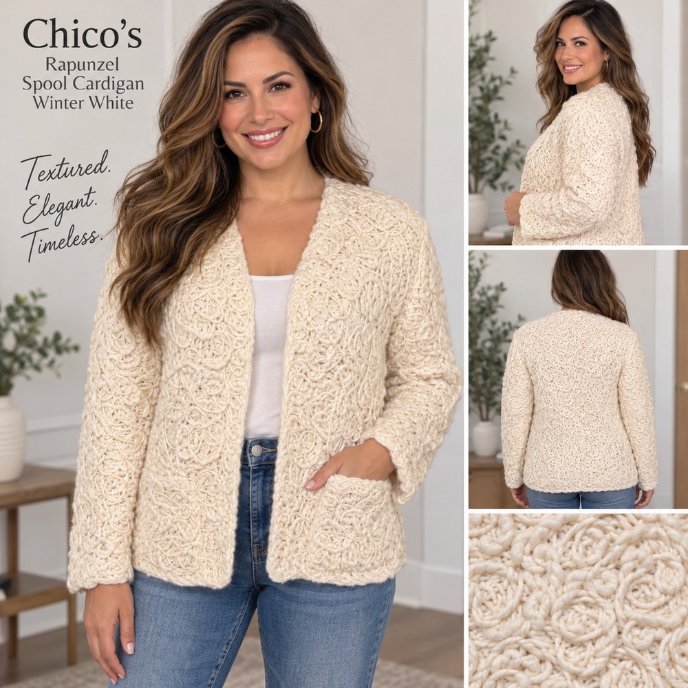 NWT Chico's Size 2 Rapunzel Spool Cardigan Winter White Wool Textured Open Front